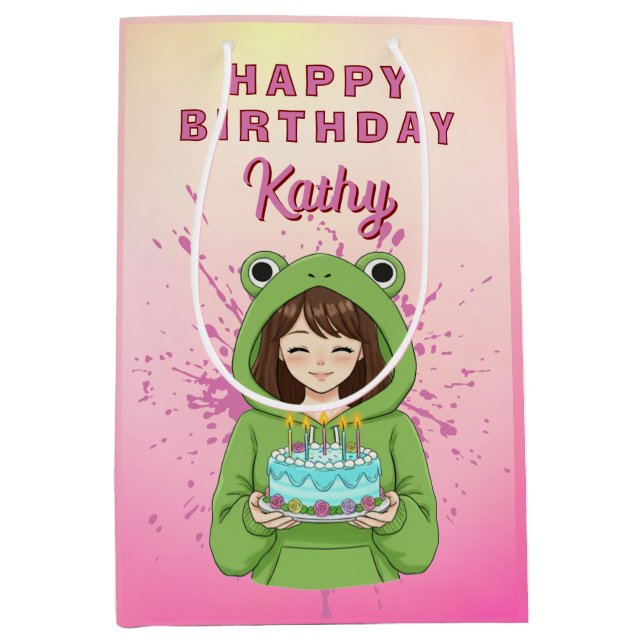 Personalized Kawaii Frog Hoodie Girl Birthday Medium Gift Bag (Front)