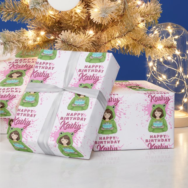 Personalized Kawaii Frog Hoodie Girl Birthday Wrapping Paper (Holidays)