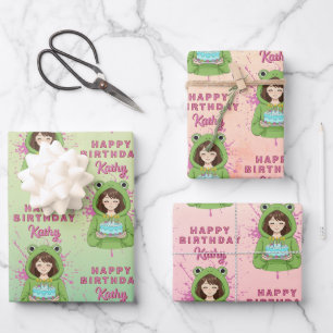 Personalized Kawaii Frog Hoodie Girl Birthday Wrapping Paper Sheet