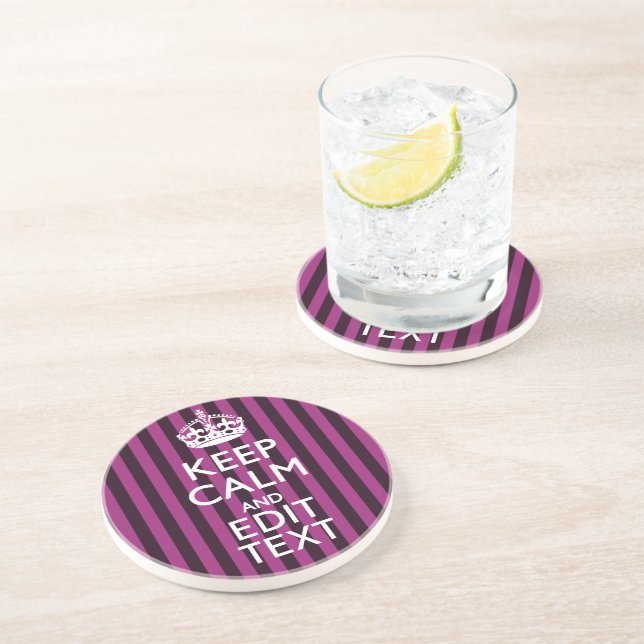 Personalized KEEP CALM Your Text Fuchsia Stripes Coaster (Side)