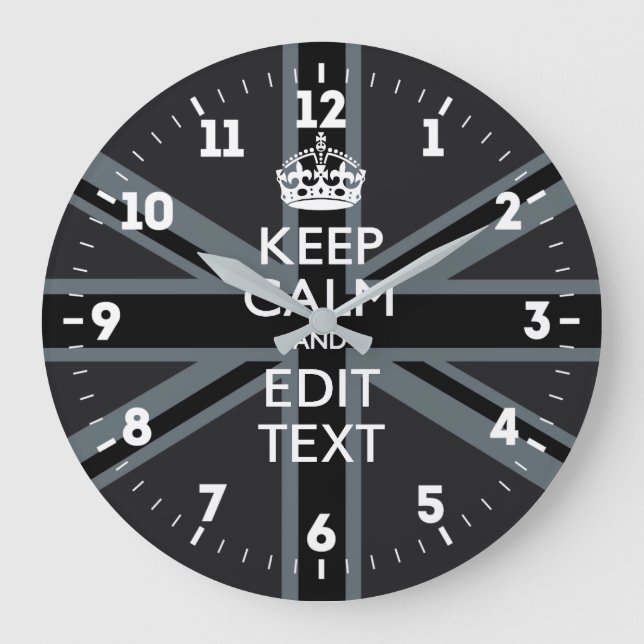 Personalized Keep Calm Your Text UK Flag Black Large Clock (Front)