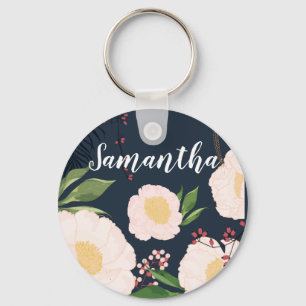 Personalized Key Chain White Floral Flowers on Dar