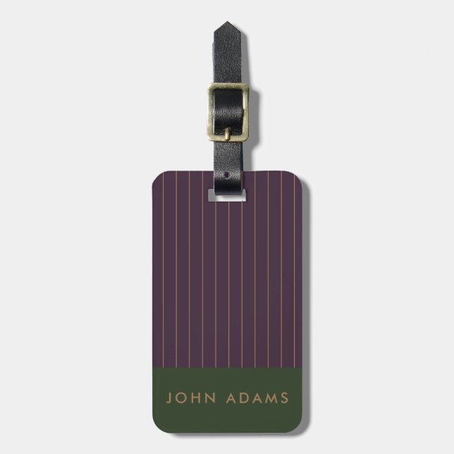 Personalized Khaki Purple Gold Stripe Manly Luggage Tag (Front Vertical)