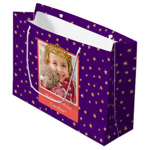Personalized Kid Photo Happy Birthday Gold Crown Large Gift Bag