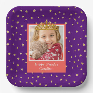 Personalized Kid Photo Happy Birthday Gold Crown Paper Plate