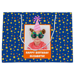 Personalized Kid Photo Happy Birthday w/ Pink Hat Large Gift Bag