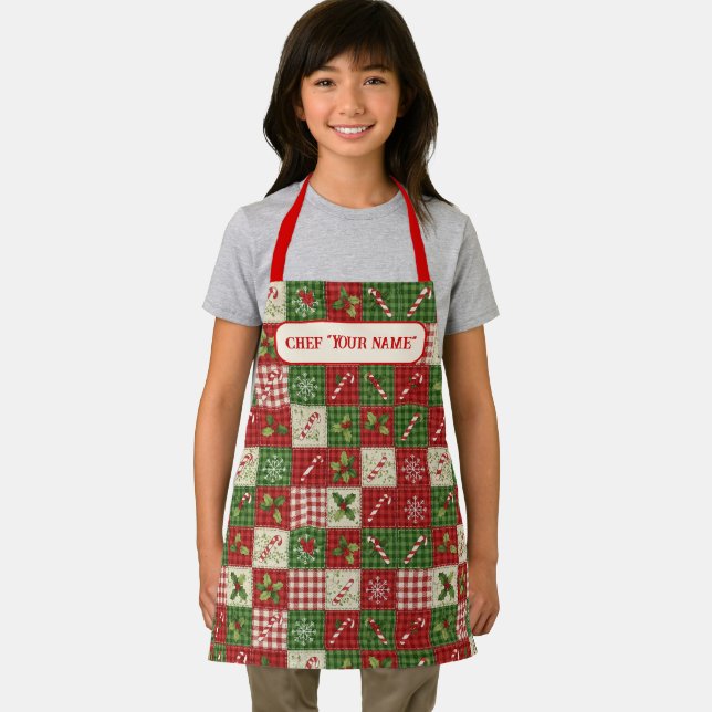 Personalized Kid's Christmas Quilt Patchwork Chef Apron (Insitu)