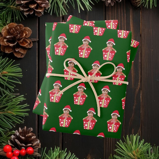 Personalized Kids Face Photo Christmas Green Wrapping Paper Sheet (Creator Uploaded)