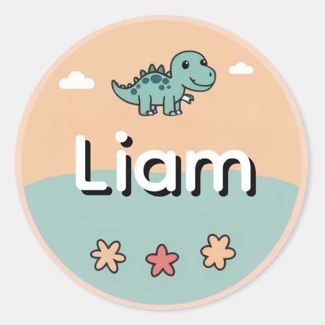 Personalized Kids Name Sticker– Cute Dinosaur  Classic Round Sticker (Front)