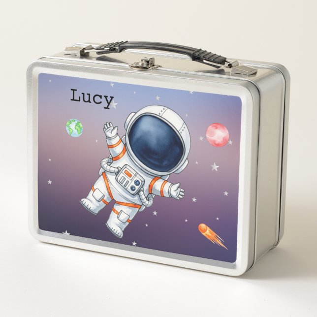 Personalized Kids Rocket Spaceman Metal Lunch Box (Front)