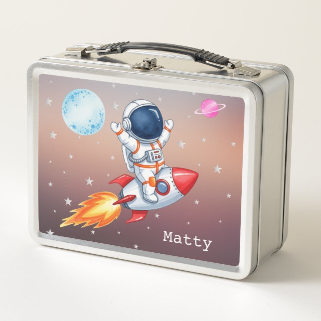 Personalized Kids Rocket Spaceman Metal Lunch Box (Front)