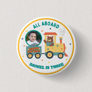 Personalized Kids Train Birthday Photo  3 Cm Round Badge