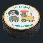 Personalized Kids Train Birthday Photo  Hockey Puck<br><div class="desc">Celebrate your child’s special day with this fun personalized train birthday photo hockey puck. This unique design features a cheerful train with a friendly bear conductor and colorful confetti accents, along with the playful phrase “All Aboard.” The puck can be customized with your child’s photo, name, and birthday age, making...</div>