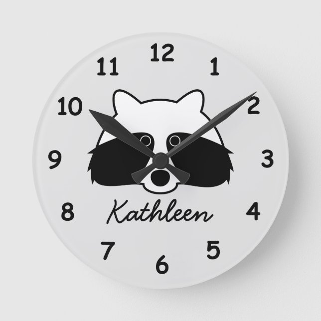 Personalized kid's wall clock with cute raccoon (Front)