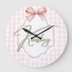 Personalized Kinsley Baby Girl Nursery Bow&Gingham Large Clock