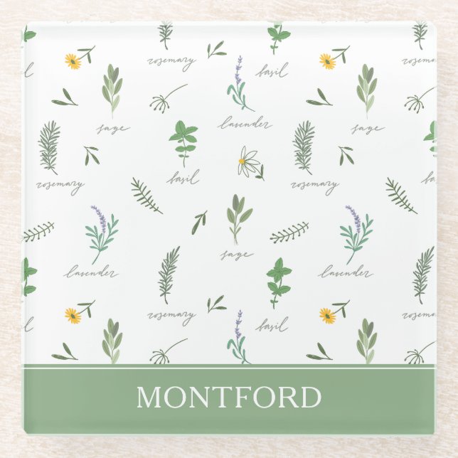 Personalized Kitchen Garden Botanical Glass Coaster (Front)