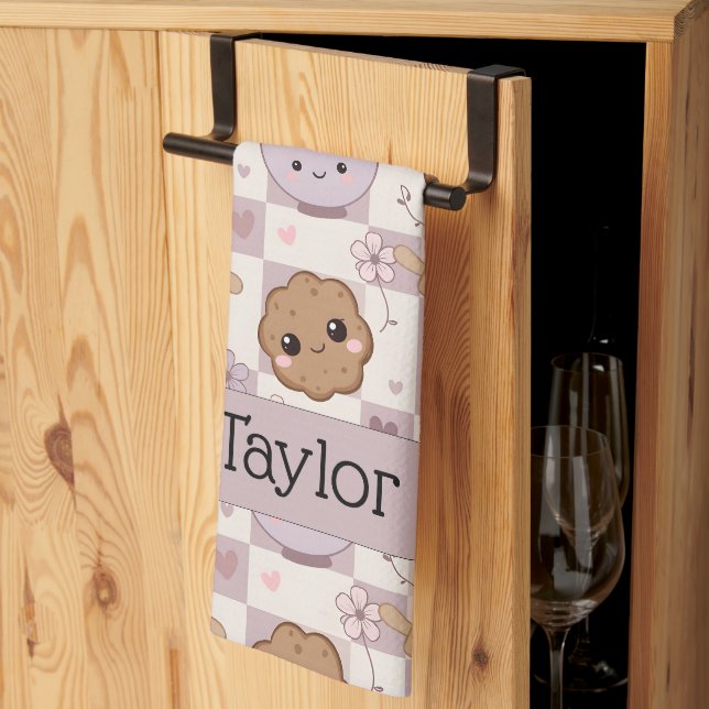 Personalized Kitchen Tea Towel Kawaii Cookie  (Thirds Fold)