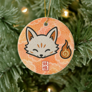 Personalized Kitsune Ceramic Ornament Japanese F
