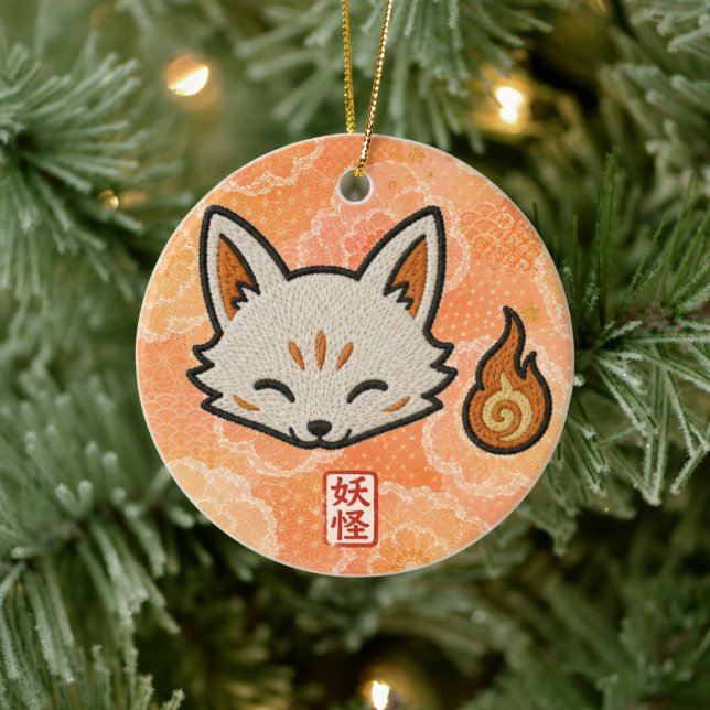 Personalized Kitsune Ceramic Ornament | Japanese F (Tree)