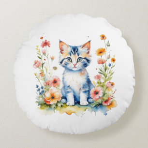 Personalized Kitten and Flowers Baby Name Round Cushion