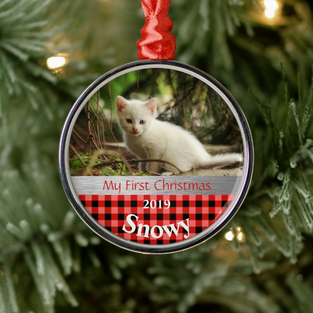 Personalized Kitten's First Christmas Photo Metal Tree Decoration (Tree)
