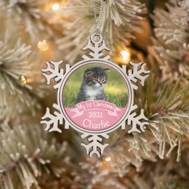 Personalized Kitten's First Christmas Photo Snowflake Pewter Christmas Ornament (Tree)