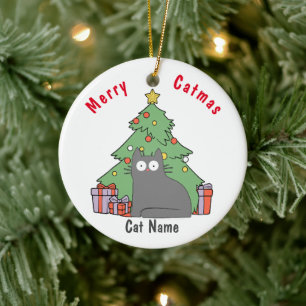 Personalized Kitty Cat Christmas grey cat Ceramic Tree Decoration