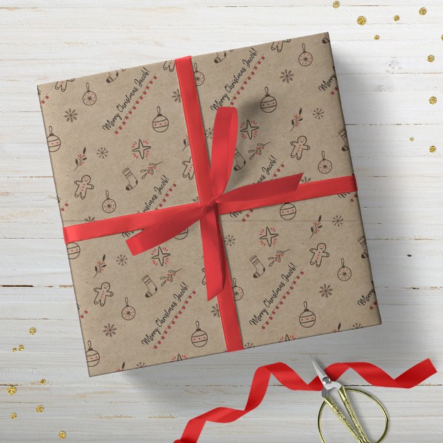 Personalized Kraft-Styled Christmas Doodles Brown Wrapping Paper (Creator Uploaded)