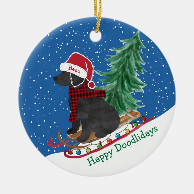 Personalized Labradoodle Christmas Snow Sled Ceramic Tree Decoration (Front)