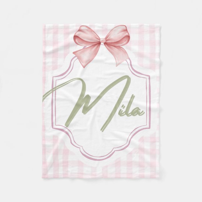 Personalized Lainey Baby Girl Nursery Bow&Gingham  Fleece Blanket (Front)