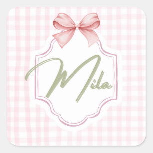 Personalized Lainey Baby Girl Nursery Bow&Gingham  Square Sticker