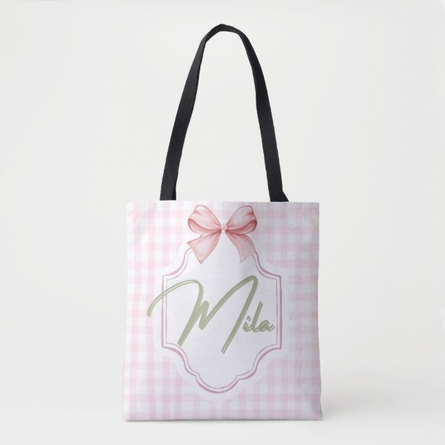 Personalized Lainey Baby Girl Nursery Bow&Gingham  Tote Bag (Front)