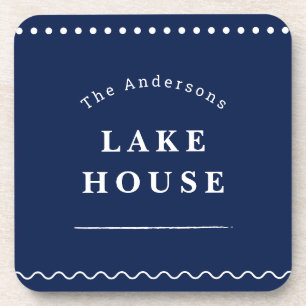 Personalized Lake House Navy Blue Family Name Coaster