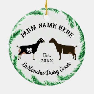 Personalized LaMancha Dairy Goat Pine Wreath Ceramic Tree Decoration