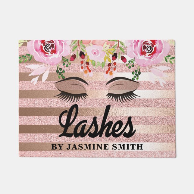 Personalized Lashes Rose Gold Glitter Floral Doormat (Front)