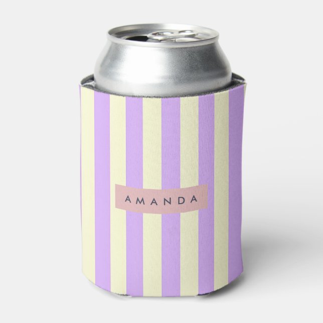 Personalized Lavender and Cream Pastel Stripe Can Cooler (Can Front)