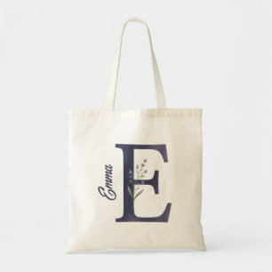 Personalized Lavender Floral E Monogram Tote Bag
