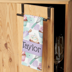 Personalized Lavender Teal Cupcake Pattern Tea Towel