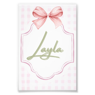 Personalized Layla Baby Girl Nursery Bow&Gingham Photo Print