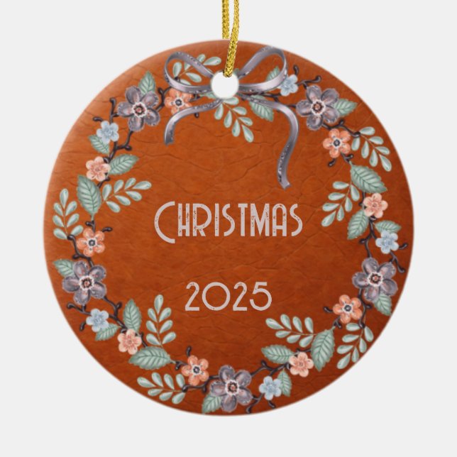 Personalized Leather Pastel Wreath Ceramic Tree Decoration (Front)