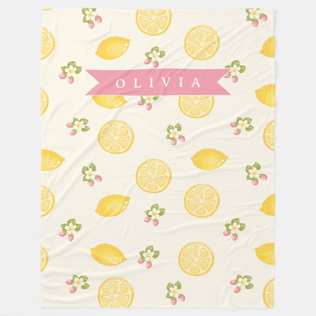 Personalized Lemon Floral Summer Custom Name Fleece Blanket (Front)