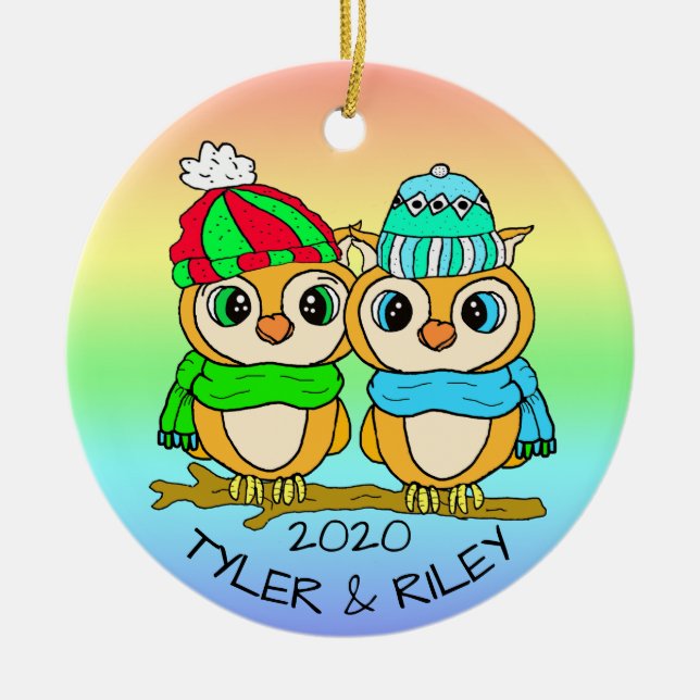 Personalized LGBT Love Birds Owls Christmas Ceramic Tree Decoration (Front)