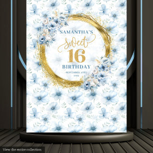 Personalized Light Blue Sweet Sixteen Gold Glitter Tapestry