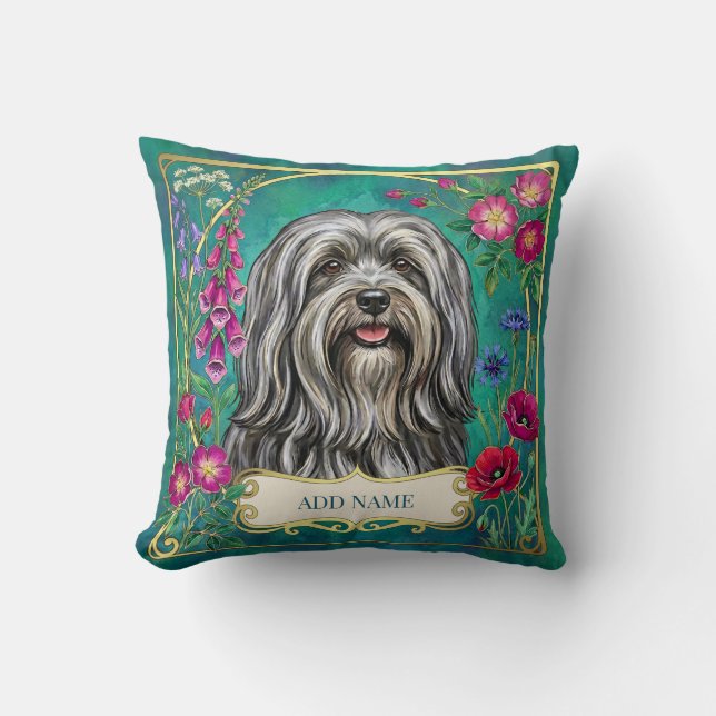 Personalized Light Gray Lhasa Apso Floral Cushion (Front)