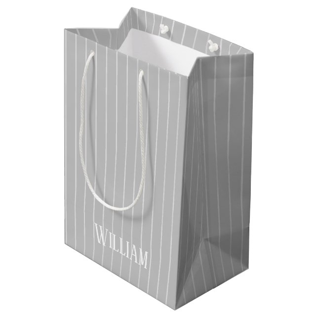 Personalized light gray pinstripes medium gift bag (Back Angled)