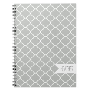 Personalized Light Gray Quatrefoil Pattern Spiral Notebook