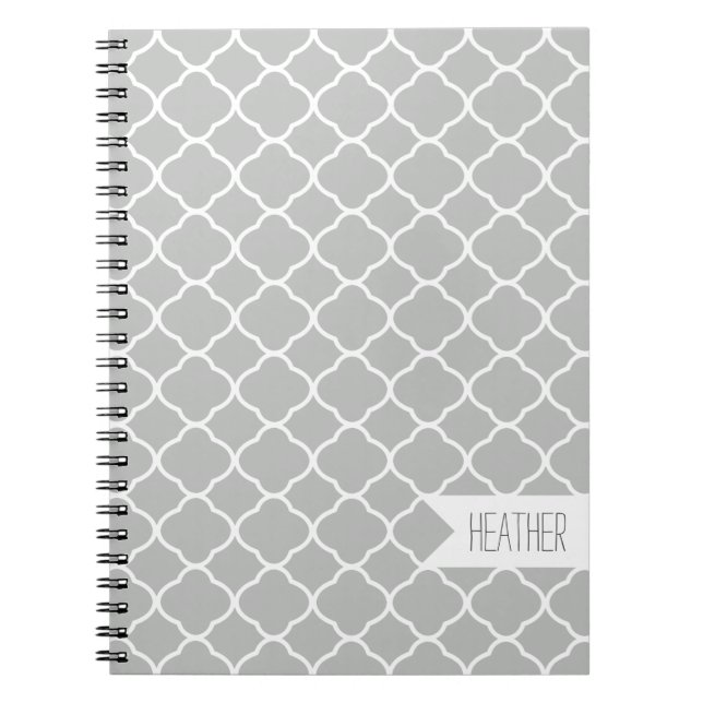 Personalized Light Gray Quatrefoil Pattern Spiral Notebook (Front)