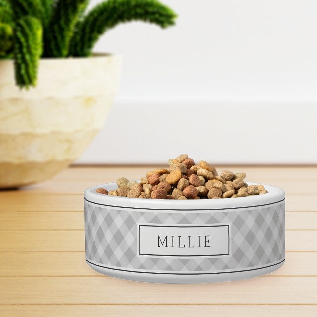 Personalized Light Grey Farmhouse Style Plaid Pet Bowl (Creator Uploaded)