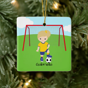 Personalized Light Haired Soccer Girl Christmas Ceramic Ornament