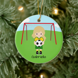 Personalized Light Haired Soccer Girl Christmas Ceramic Tree Decoration